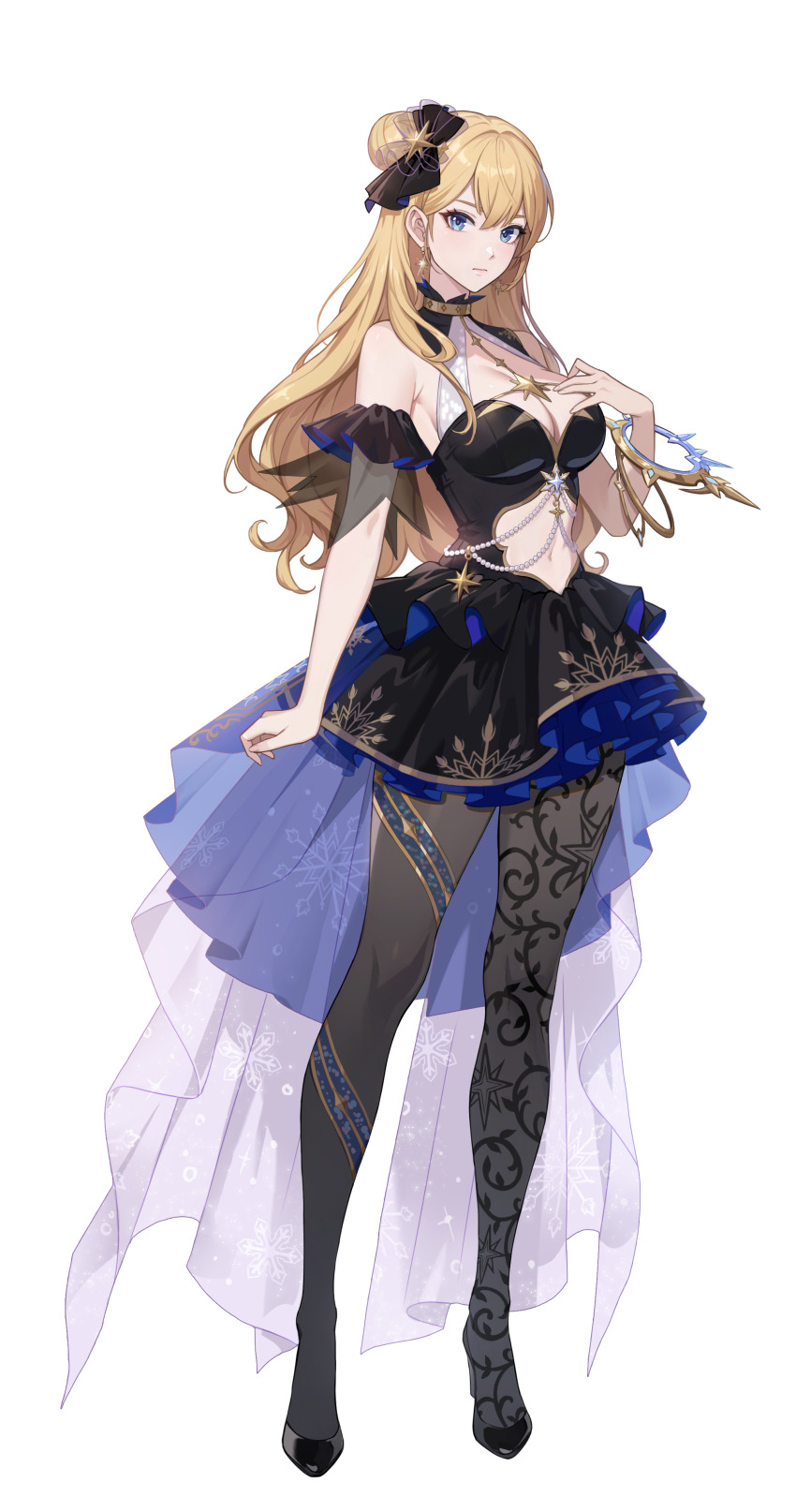 1girl, absurdres, alicia_blanche, black_dress, black_pantyhose, black_shoes, blonde_hair, blue_eyes