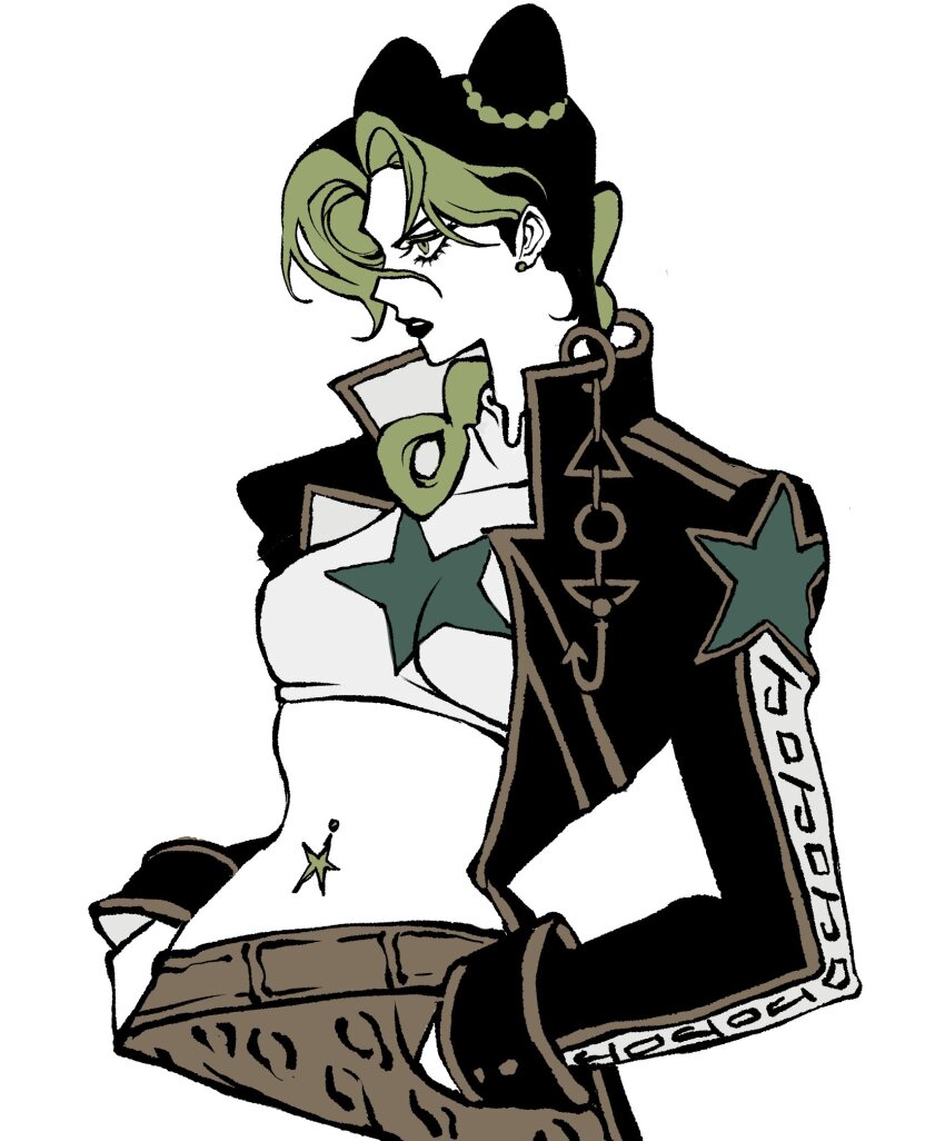 1girl, alternate_costume, black_coat, black_hair, black_lips, braid, brown_pants, chain