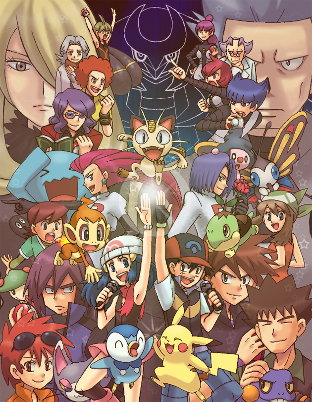 00s, 6+boys, 6+girls, 9617564, aaron_(pokemon), alternate_costume, alternate_form, ash_ketchum, bandana, beanie, beautifly, bertha_(pokemon), book, breloom, brock_(pokemon), charon_(pokemon), child, chimchar, croagunk, cynthia_(pokemon), cyrus_(pokemon), dawn_(pokemon), elite_four, flint_(pokemon), flower, gary_oak, gen_1_pokemon, gen_2_pokemon, gen_3_pokemon, gen_4_pokemon, giratina, giratina_(altered), glameow, glasses, goggles, goggles_on_head, hat, high_five, holding, holding_book, holding_poke_ball, james_(pokemon), jessie_(pokemon), jupiter_(pokemon), kenny_(pokemon), legendary_pokemon, lucian_(pokemon), mars_(pokemon), may_(pokemon), meowth, microphone, mime_jr., multiple_boys, multiple_girls, nintendo, open_book, paul_(pokemon), pikachu, piplup, poke_ball, poke_ball_(basic), poke_ball_theme, pokemon, pokemon_(anime), pokemon_(creature), pokemon_diamond/pearl/platinum, pokemon_the_series:_diamond_and_pearl, pokemon_ruby/sapphire/emerald, red_flower, red_rose, rose, saturn_(pokemon), scarf, sparkle, starter_pokemon_trio, team_galactic, team_rocket, turtwig, wobbuffet, yakou_(9617-564), zoey_(pokemon)