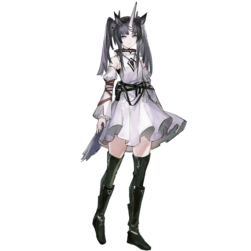 1girl, animal_ears, arknights, black_boots, black_hair, black_thighhighs, blue_eyes, boots