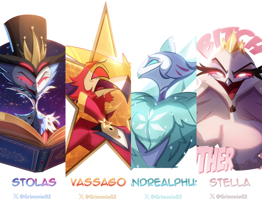 1girl, 3boys, :d, absurdres, andrealphus_(helluva_boss), artist_name, beak, bird_boy