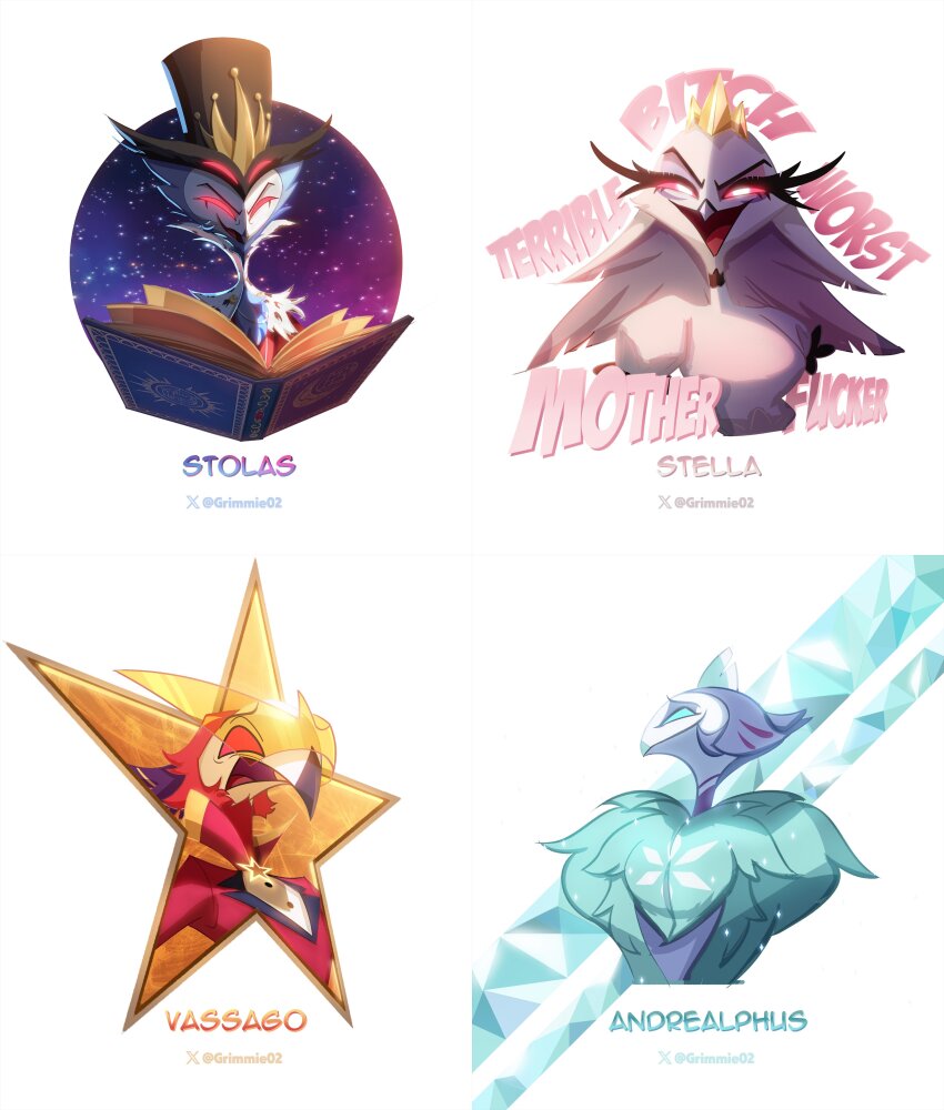 1girl, 3boys, :d, absurdres, andrealphus_(helluva_boss), artist_name, beak, bird_boy