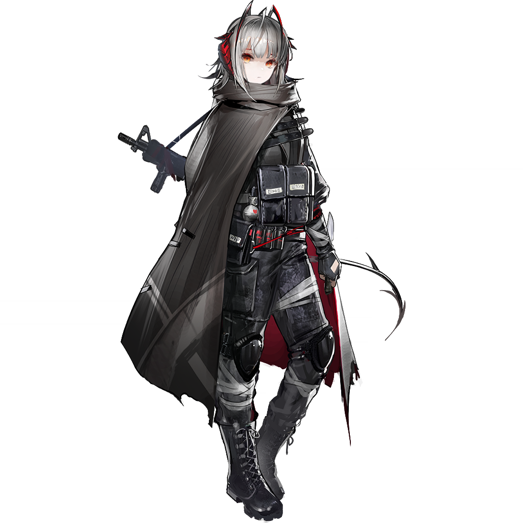 1girl, ammunition_pouch, antenna_hair, arknights, assault_rifle, belt_pouch, black_boots, black_pants