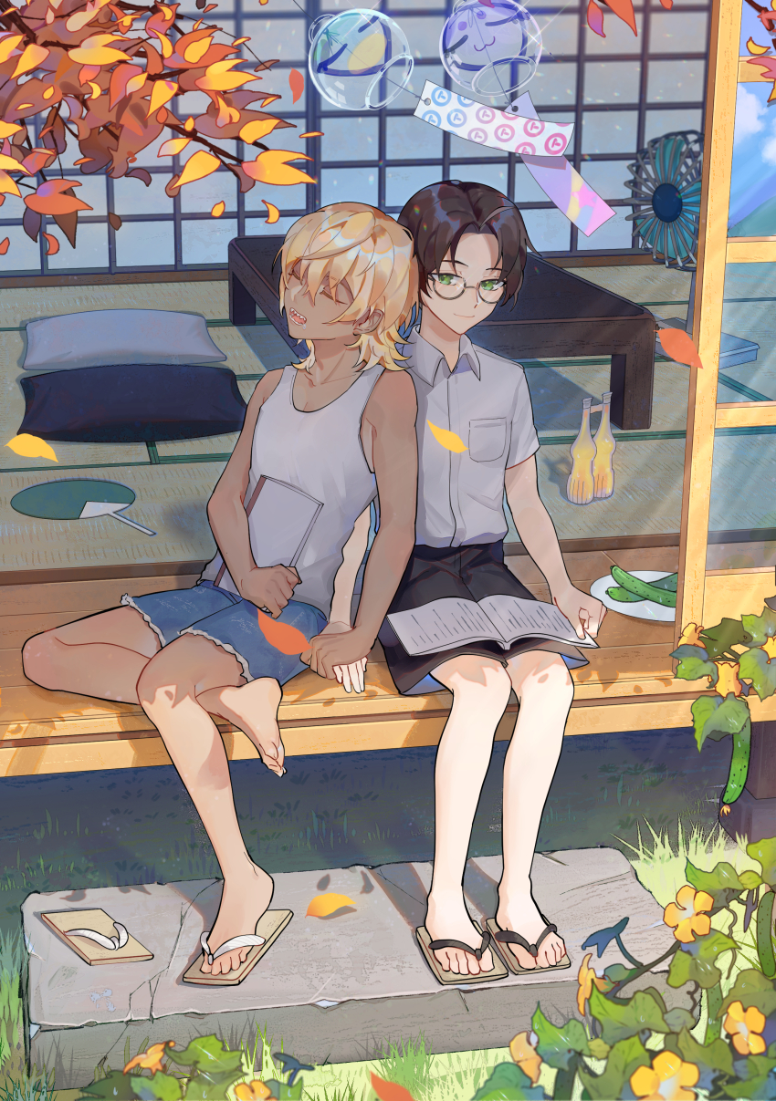 2boys, absurdres, akutsu_mabu, autumn, azuma_sara, black_shorts, blonde_hair, blue_shorts