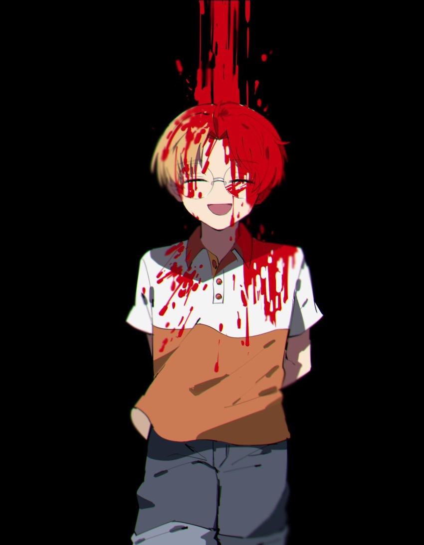 1boy, arms_behind_back, black_background, blood, blood_drip, blood_in_hair, blood_on_clothes, blood_on_face