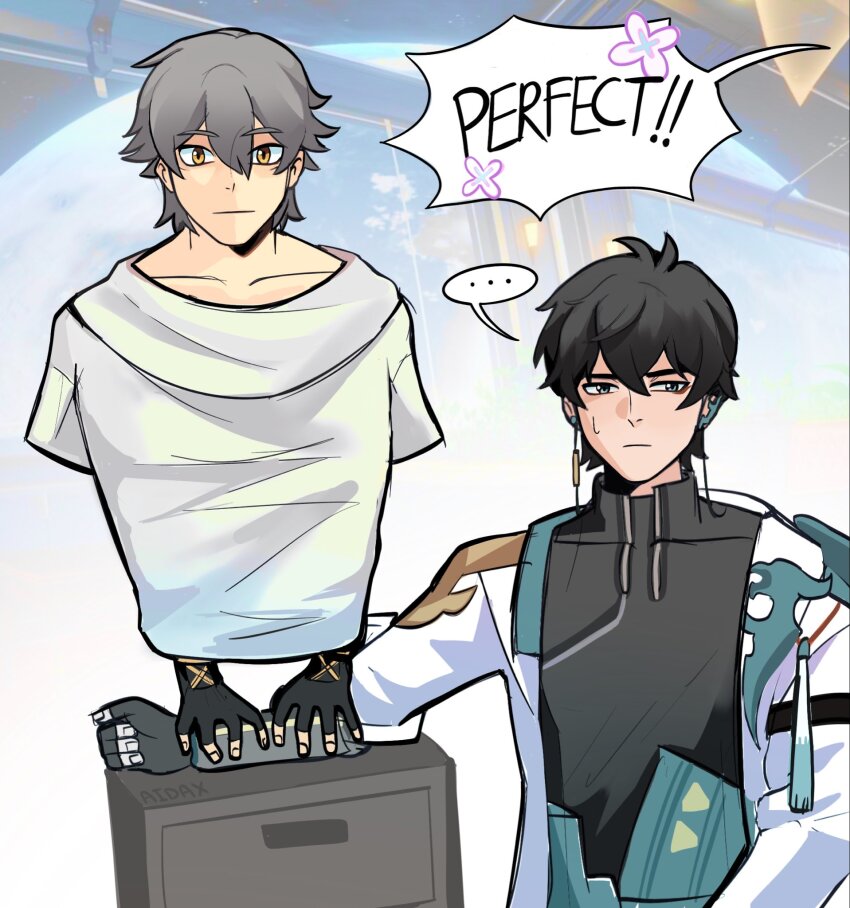 ..., 2boys, adxrn, antenna_hair, artist_name, astral_express_(honkai:_star_rail), black_gloves, black_hair