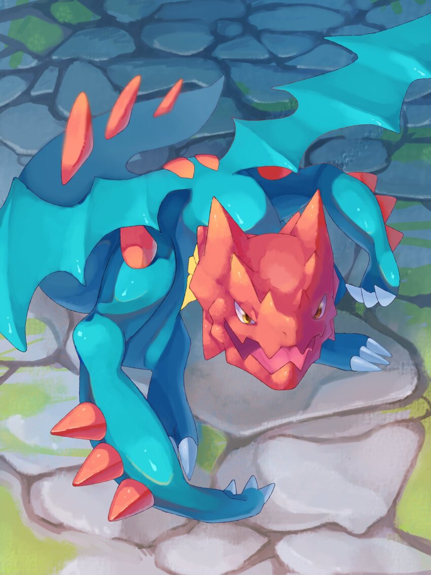 claws, dragon, druddigon, fangs, gen_5_pokemon, highres, nintendo, no_humans, open_mouth, outdoors, p9kfxaofqi54546, pokemon, pokemon_(creature), pokemon_focus, sharp_teeth, solo, spikes, tail, teeth, wings, yellow_eyes