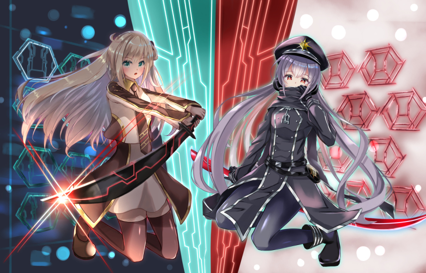 2girls, black_boots, black_gloves, black_hat, black_necktie, black_shirt, black_thighhighs, blonde_hair