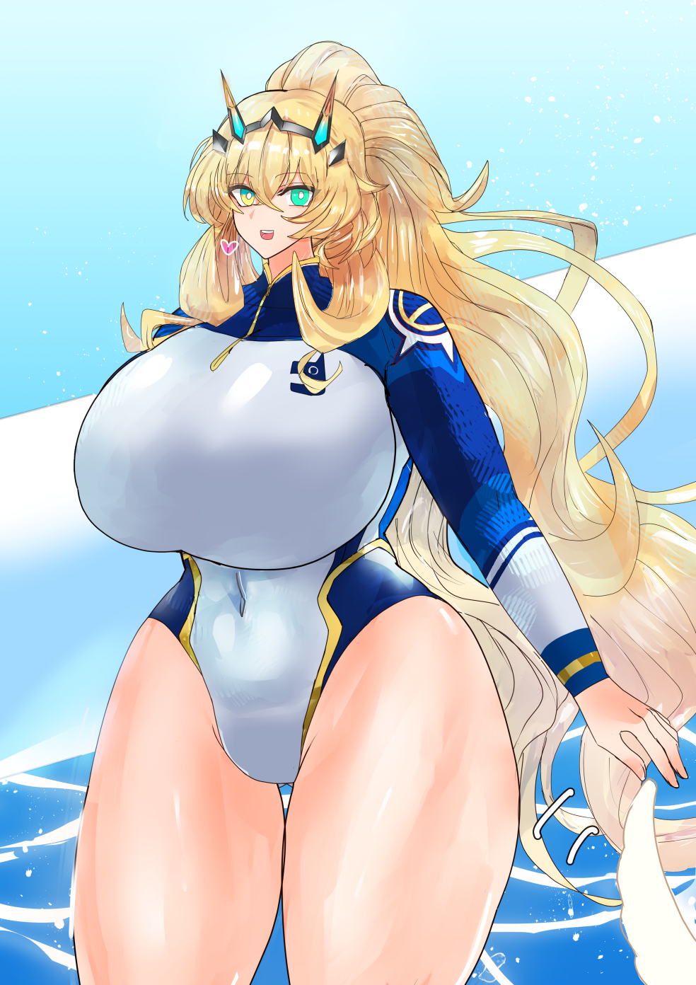 1girl, barghest_(fate), barghest_(over_the_same_sky)_(fate), blonde_hair, blue_wetsuit, breasts, covered_navel, fate/grand_order