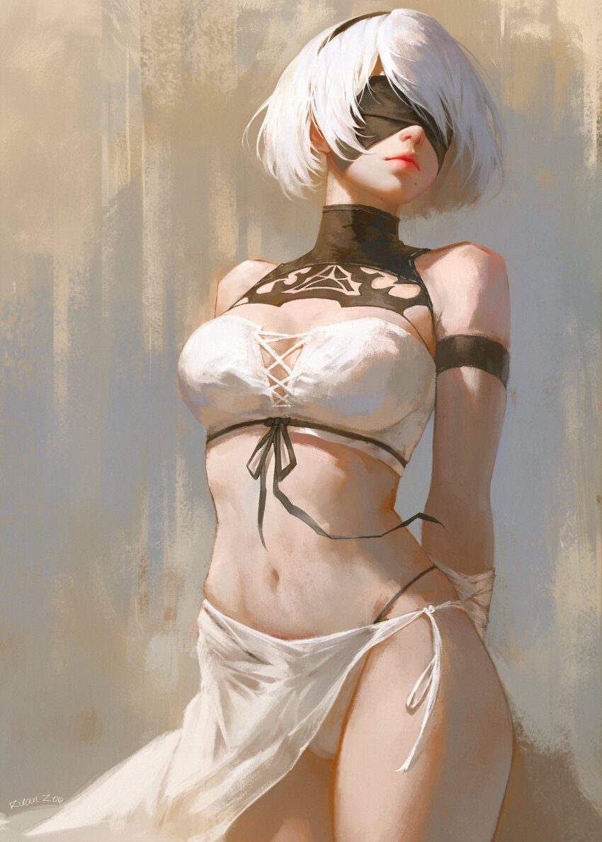 1girl, 2b_(nier:automata), absurdres, ai-assisted, armband, arms_behind_back, bare_shoulders, bikini