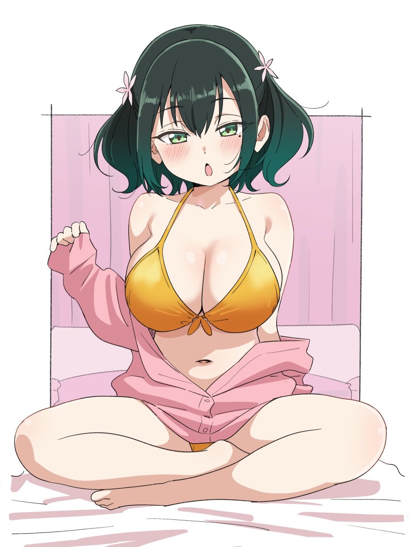 1girl, bad_girl_(manga), bikini, blush, breasts, flower, green_eyes, hair_flower, hair_ornament, highres, large_breasts, looking_at_viewer, medium_hair, mole, mole_under_eye, navel, on_bed, open_mouth, ruriha_rura, sincos, sitting, solo, swimsuit, twintails, yellow_bikini