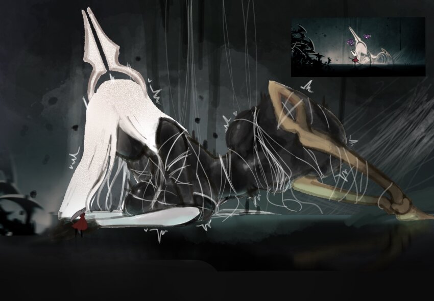 1girl, arthropod_girl, black_skin, bound, breasts, colored_skin, faceless, game_screenshot_inset, grand_mother_silk_(hollow_knight), highres, hollow_knight, hollow_knight:_silksong, horns, large_breasts, long_hair, lying, solo, string, tied_up_(nonsexual), twitching, white_hair, yufishart