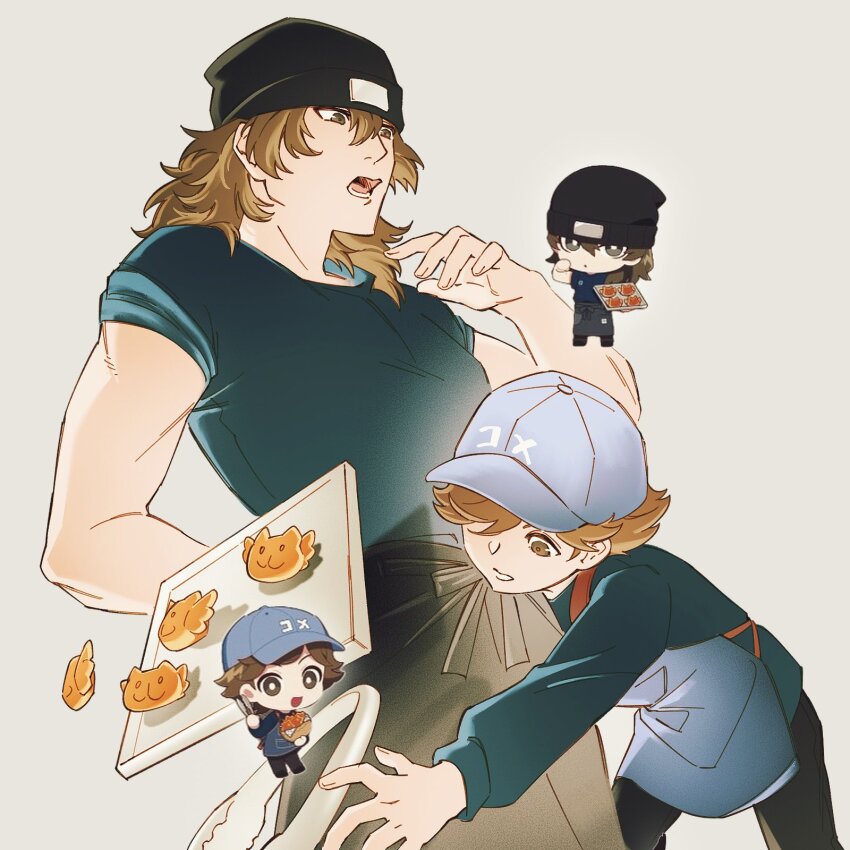 2boys, amada_ken, apron, aragaki_shinjirou, baseball_cap, beanie, black_apron, black_hat