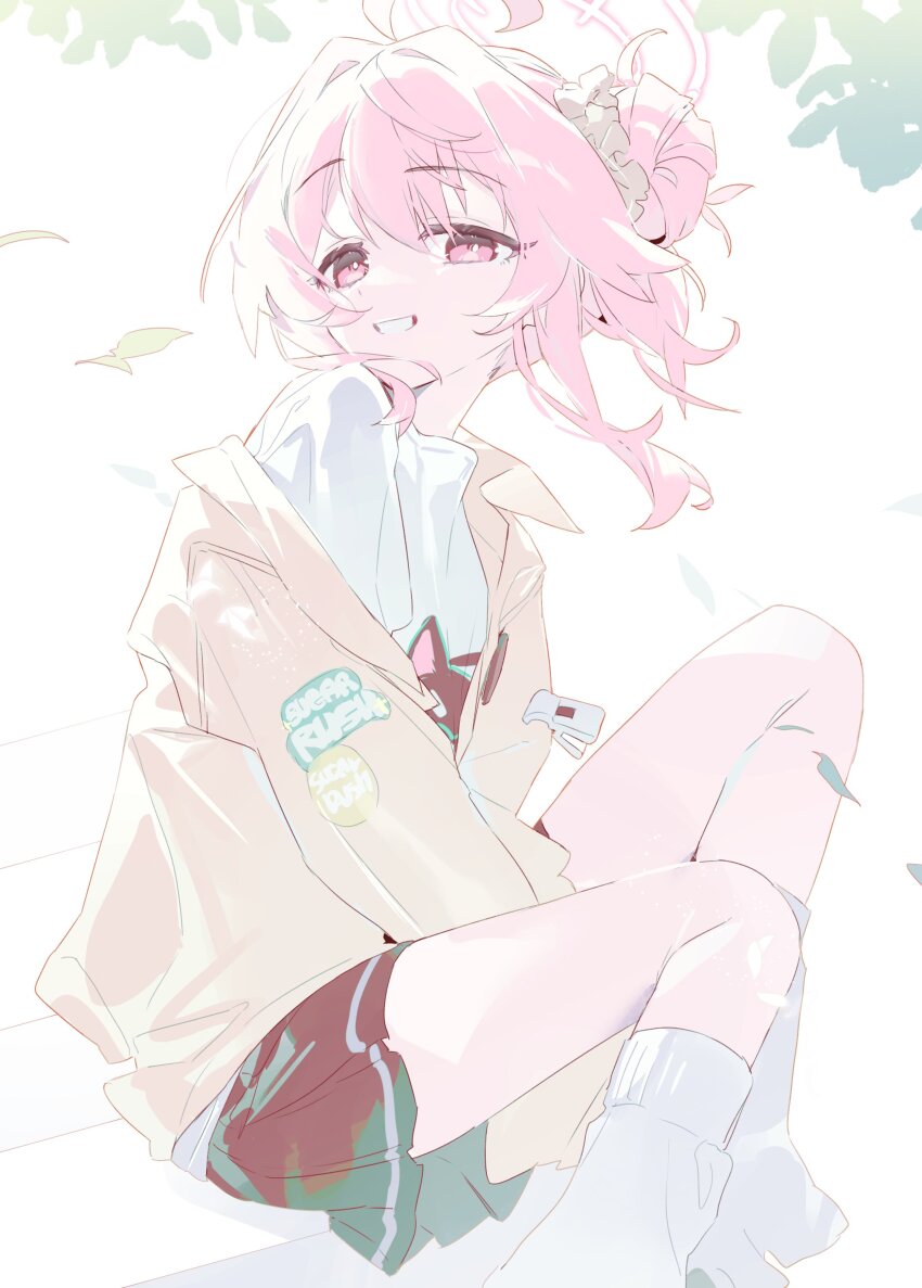 1girl, absurdres, ahoge, black_skirt, blue_archive, commentary, falling_leaves, feet_out_of_frame