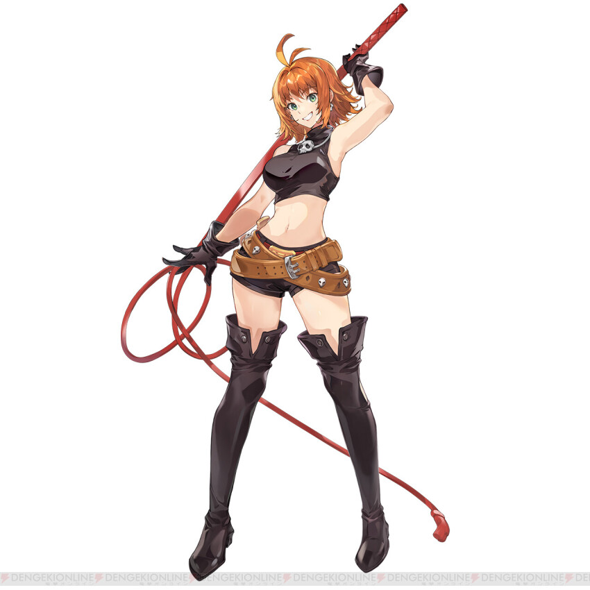 1girl, antenna_hair, aqua_eyes, aqua_pupils, artist_request, bare_arms, bare_shoulders, belt, belt_buckle, black_boots, black_gloves, black_shirt, black_shorts, boots, breasts, brown_belt, buckle, colored_eyelashes, company_name, crop_top, cropped_shirt, crossed_belts, dengeki, dengeki_online, earrings, english_text, facing_viewer, full_body, gloves, gold_buckle, hair_between_eyes, hair_intakes, highres, holding, holding_behind_back, holding_weapon_behind_back, holding_whip, jewelry, legs_apart, looking_at_viewer, medium_breasts, medium_hair, midriff, mila_nebraska, multiple_belts, narrow_waist, navel, necklace, nexon, official_art, open_hand, orange_hair, red_belt, second-party_source, shirt, short_shorts, shorts, simple_background, skinny, skull_belt, skull_earrings, skull_necklace, sleeveless, sleeveless_shirt, solo, standing, straight_hair, studded_belt, tales_weaver, teeth, thigh_boots, tsurime, turtleneck, turtleneck_shirt, upper_teeth_only, watermark, white_background