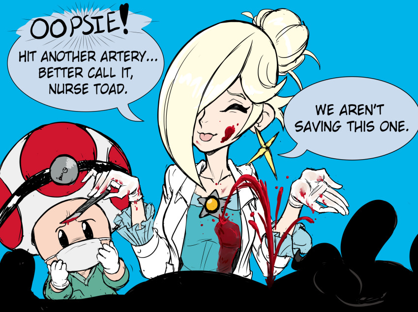 blonde_hair, blood, blue_dress, brooch, closed_eyes, doctor_coat, dress, face_mask, gloves, hair_bun, highres, jewelry, latex, latex_gloves, luigi, mario_(series), mask, nintendo, rosalina, silhouette, speech_bubble, star_brooch, stethoscope, teevo, toad_(mario), tongue, tongue_out