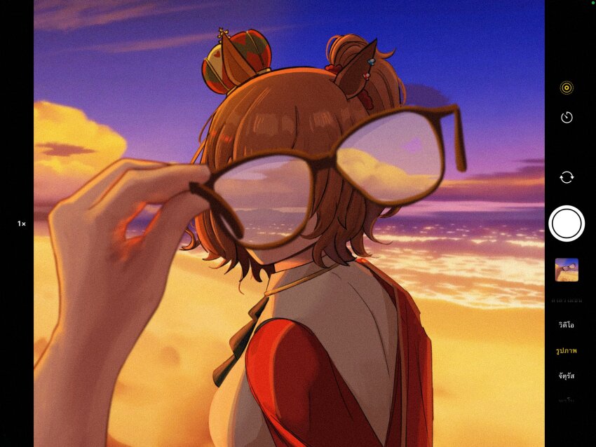1girl, 1other, animal_ears, aston_machan_(flare)_(umamusume), aston_machan_(umamusume), beach, brown_hair, cloud