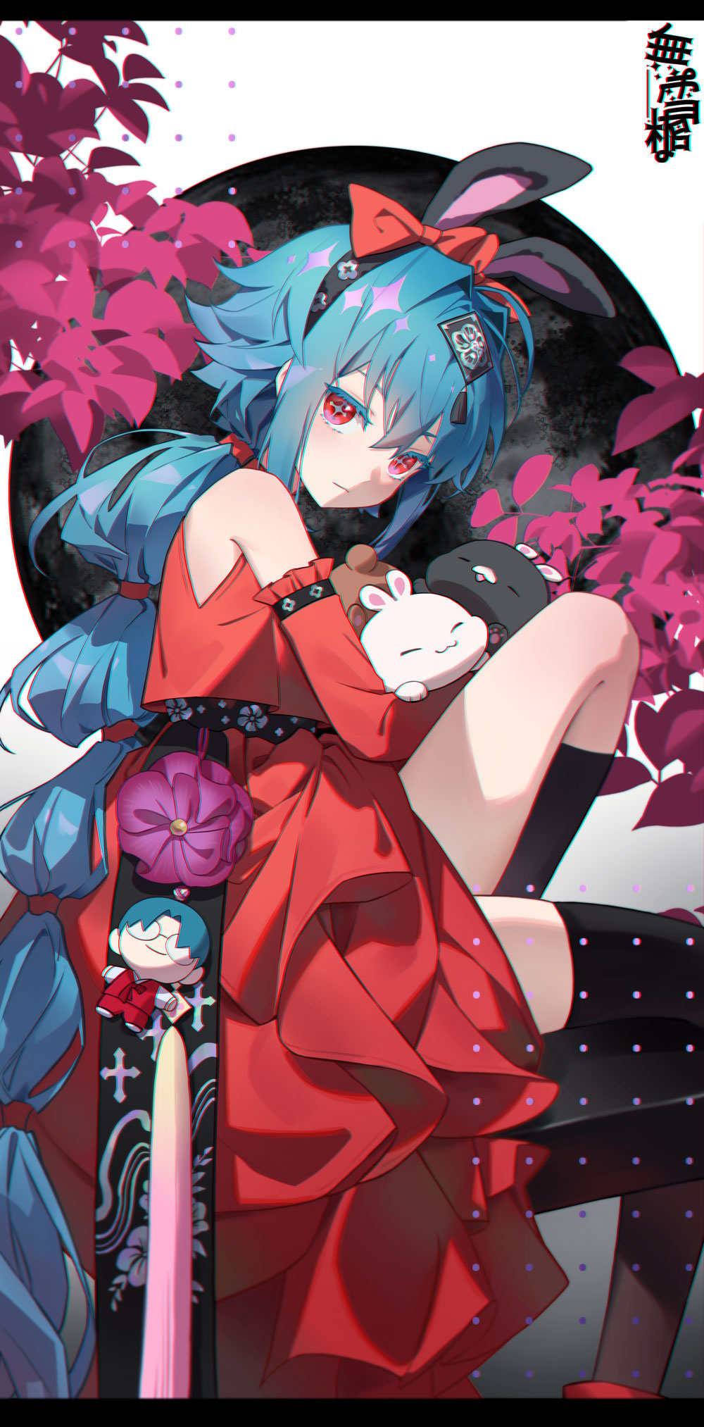 1girl, alternate_costume, animal_ears, aqua_hair, asymmetrical_legwear, bare_shoulders, bianca_(black_survival), black_socks