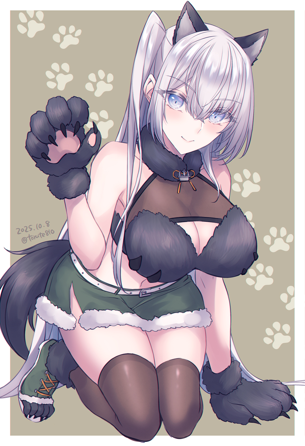 1girl, animal_collar, animal_ears, animal_hands, black_bra, blue_eyes, blush, bra