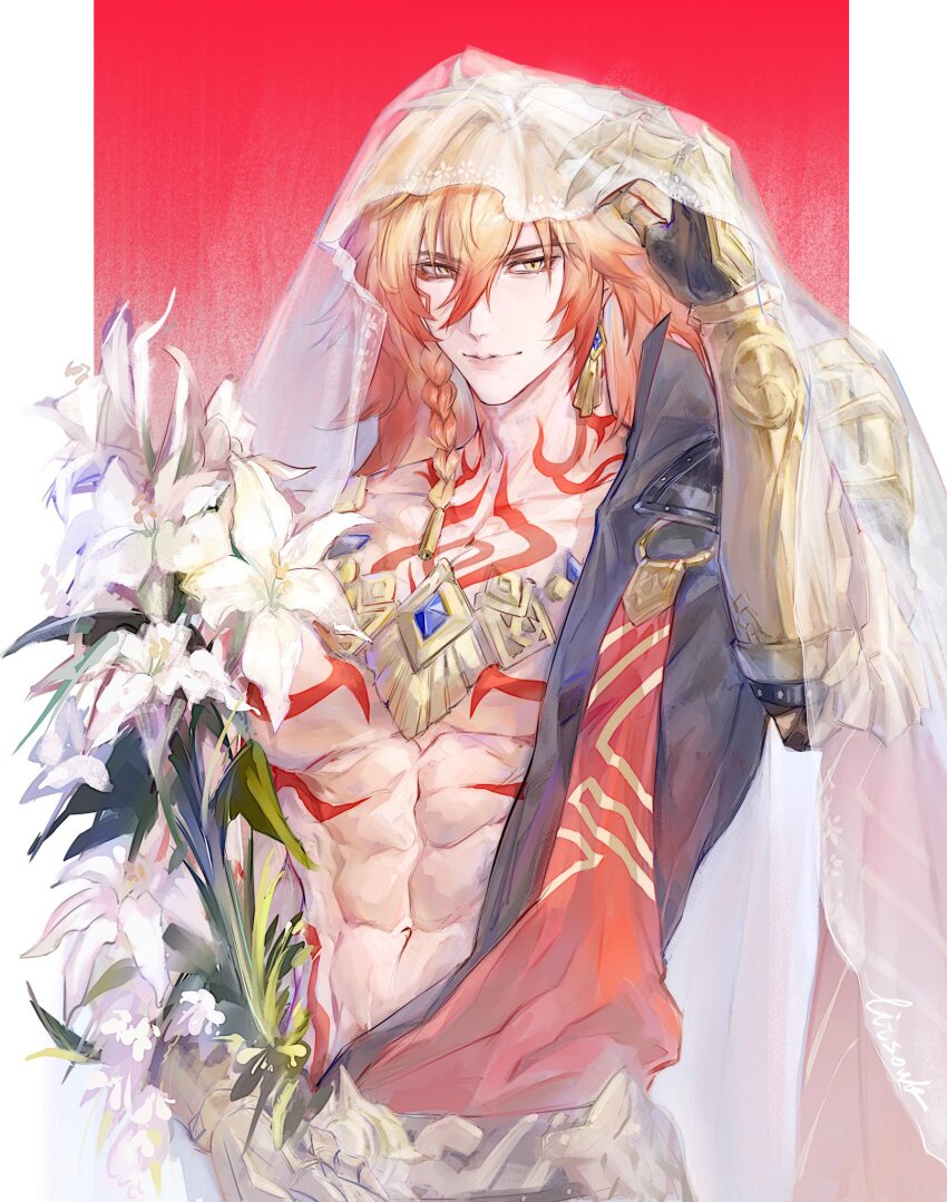 1boy, abs, arm_tattoo, armlet, black_coat, blonde_hair, braid, chest_tattoo