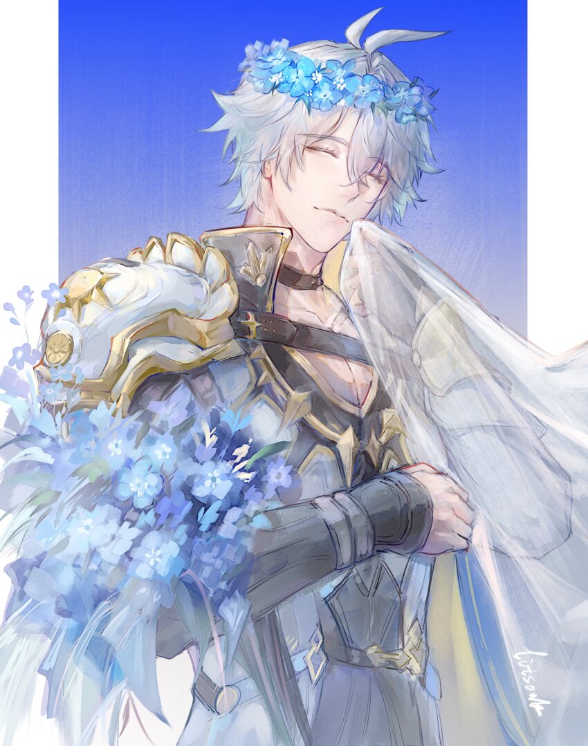 1boy, antenna_hair, armor, black_choker, black_gloves, black_shirt, bouquet, choker