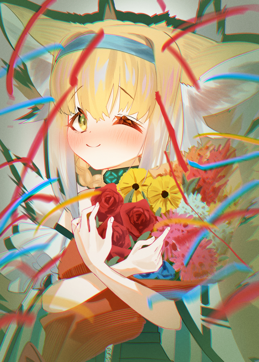 1girl, absurdres, animal_ears, arknights, blonde_hair, blue_hairband, blush, bouquet