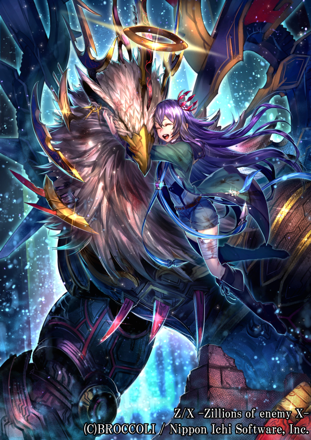 1girl, akitani_kou, almotaher_(z/x), bandaged_leg, bandages, bird_monster, boots, closed_eyes