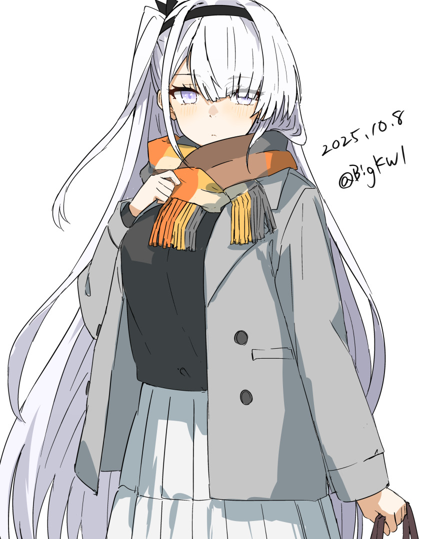 1girl, absurdres, bag, bigkwl, black_headband, black_shirt, breasts, coat