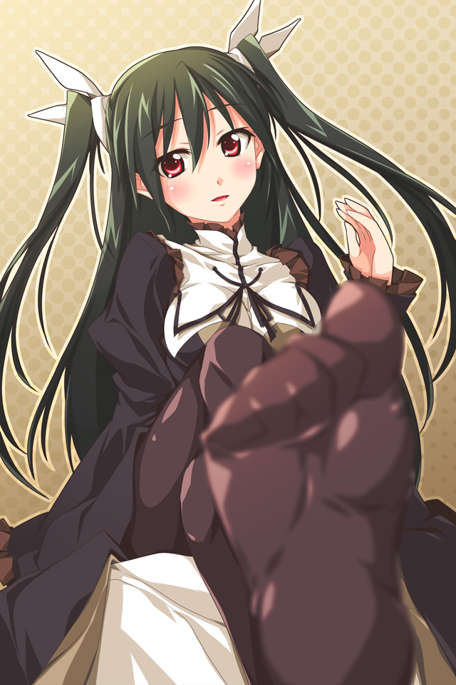 1girl, black_hair, blush, brown_pantyhose, crossed_legs, feet, female_focus, foot_focus, green_hair, hair_ribbon, long_hair, mayo_chiki!, nu_(plastic_eraser), open_mouth, pantyhose, red_eyes, ribbon, sitting, solo, suzutsuki_kanade, twintails, two_side_up