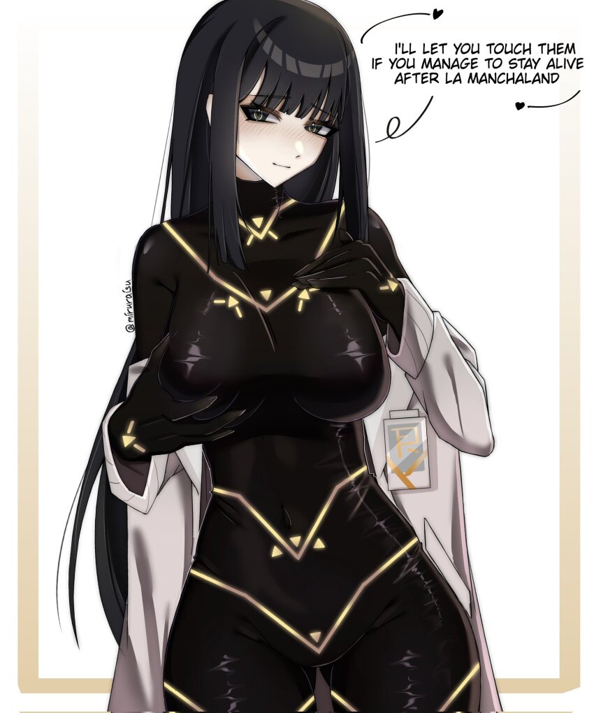 artist_name, black_eyes, black_gloves, black_hair, blush, bodysuit, breasts, cesara_(project_moon), covered_navel, cowboy_shot, english_text, gloves, green_eyes, heart, highres, hime_cut, lab_coat, light_blush, limbus_company, looking_at_viewer, medium_breasts, miruraisu, navel, off_shoulder, project_moon, simple_background