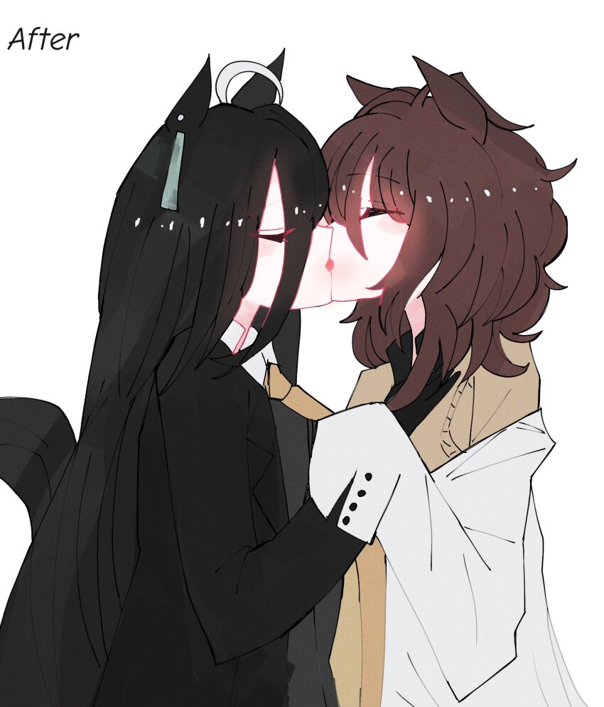 2girls, agnes_tachyon_(umamusume), animal_ears, before_and_after, black_gloves, black_hair, black_shirt, closed_eyes, coat, commentary, dailytachycafe, english_commentary, french_kiss, gloves, highres, horse_ears, horse_girl, horse_tail, kiss, lab_coat, long_hair, manhattan_cafe_(umamusume), multiple_girls, necktie, shirt, simple_background, tail, tongue, umamusume, white_background, white_coat, yellow_necktie, yuri