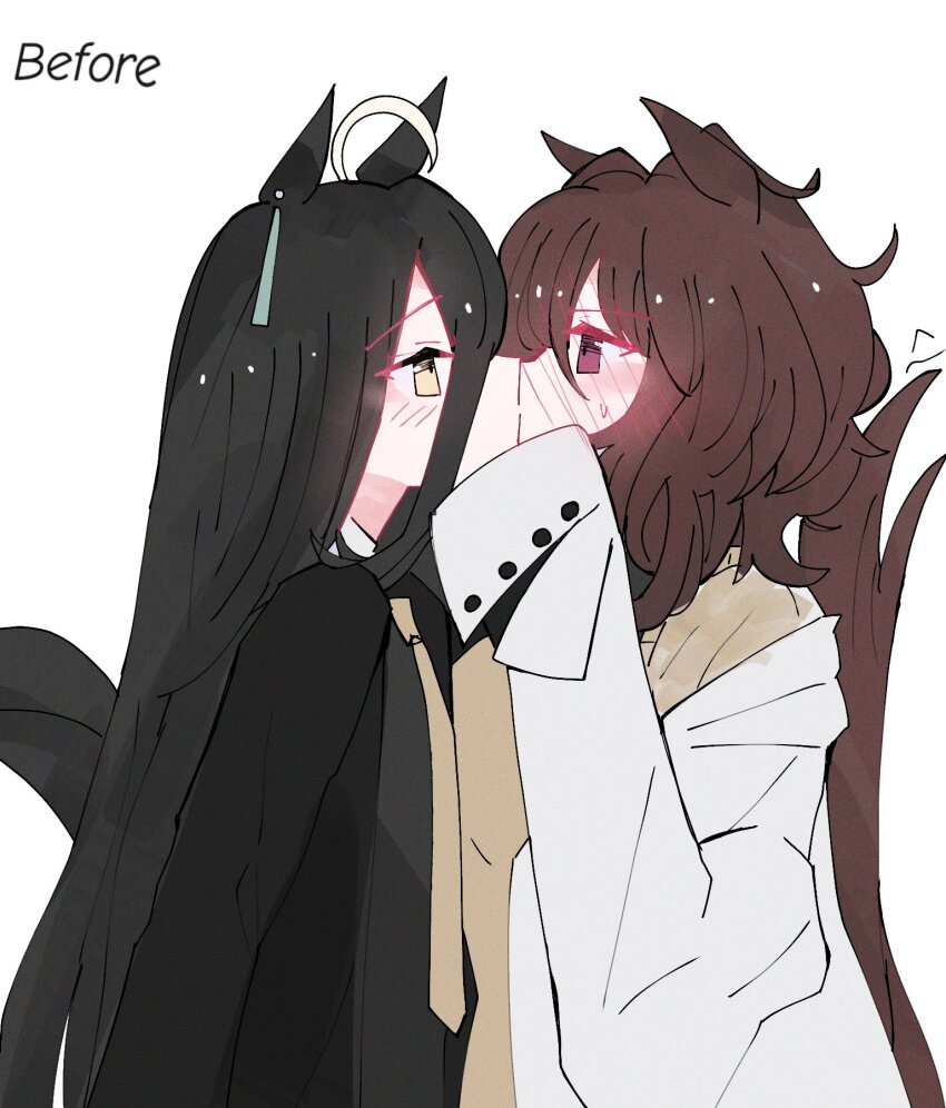 2girls, agnes_tachyon_(umamusume), animal_ears, before_and_after, black_hair, black_shirt, blush, coat, commentary, dailytachycafe, english_commentary, eye_contact, highres, horse_ears, horse_girl, horse_tail, kiss, lab_coat, long_hair, looking_at_another, manhattan_cafe_(umamusume), multiple_girls, red_eyes, shirt, simple_background, sleeves_past_fingers, sleeves_past_wrists, sweat, tail, umamusume, white_background, white_coat, yellow_eyes, yuri