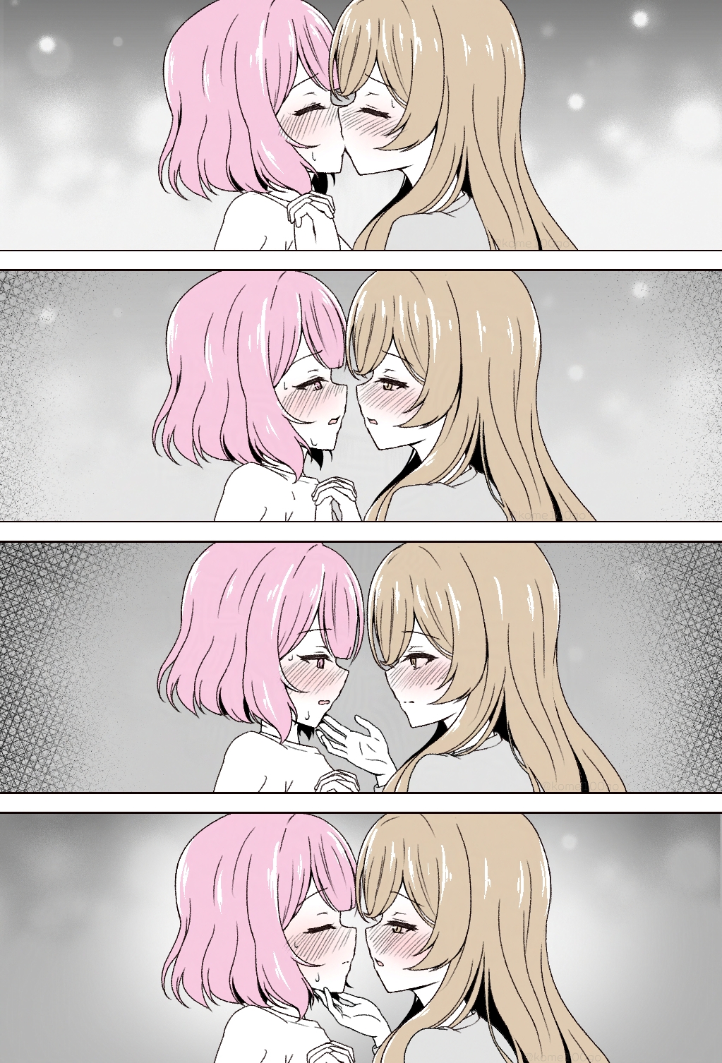 2girls, amaori_renako, blush, brown_eyes, brown_hair, closed_eyes, commentary_request, eye_contact