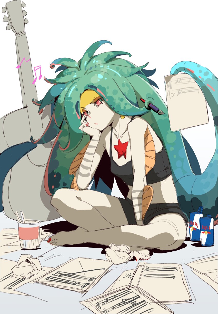 1girl, absurdres, breasts, colored_sclera, green_hair, guitar, hades_(series), hades_2, highres, instrument, long_hair, looking_at_viewer, monster_girl, scylla_(hades), seuhyo99, smile, tentacle_hair, underwear