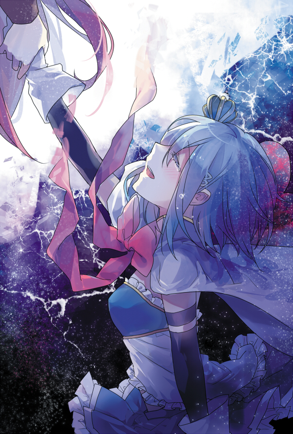 1girl, blue_eyes, blue_hair, cosplay, crown, female_focus, holding_another's_wrist, looking_up