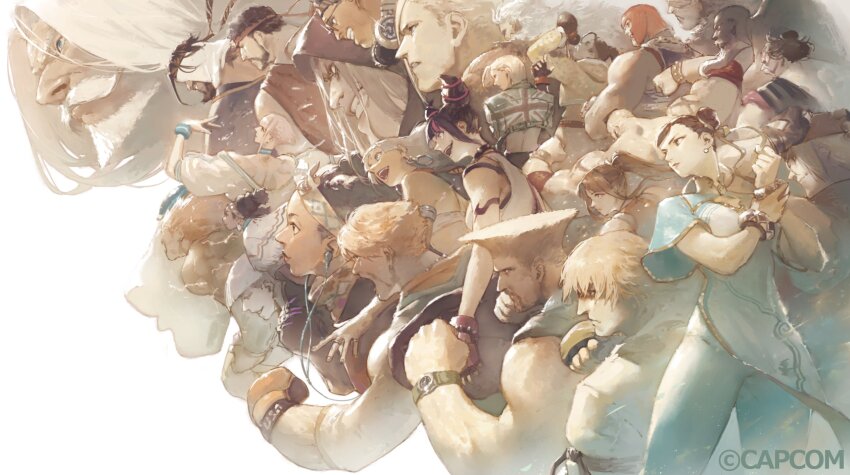 6+boys, 6+girls, akuma_(street_fighter), beard, black_hair, blanka, bracelet, cammy_white, capcom, capcom_cup, character_request, chinese_clothes, chun-li, clenched_hand, commentary_request, crossed_arms, double_bun, facial_hair, fighting_stance, fukumori_(capcom), guile, hair_bun, hair_ribbon, han_juri, headband, highres, hood, jamie_siu, jewelry, jp_(street_fighter), looking_at_viewer, m._bison, multiple_boys, multiple_girls, official_alternate_costume, official_art, open_mouth, paint, rashid_(street_fighter), ribbon, ryu_(street_fighter), serious, street_fighter, street_fighter_6, white_beard, zangief