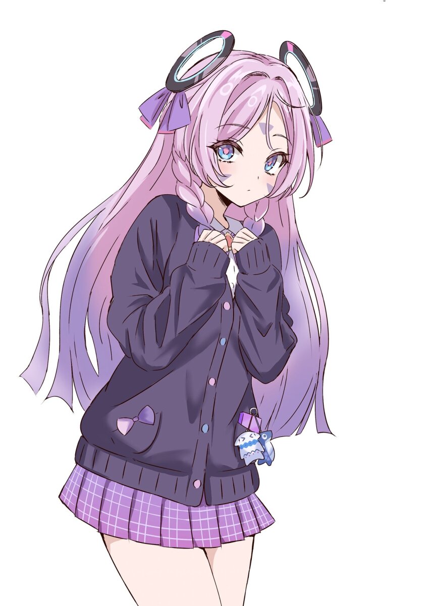 1girl, blue_eyes, braid, cardigan, charm_(object), citlali_(genshin_impact), citlali_(parallels_meet_school)_(genshin_impact), citlalin_(genshin_impact)