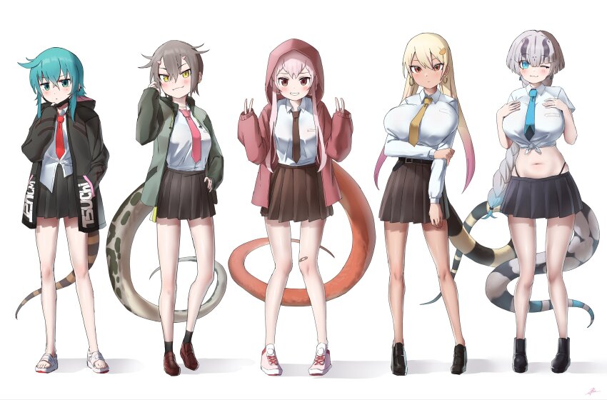 5girls, :3, absurdres, alternate_costume, bandaid, bandaid_on_leg, black_boots, black_socks