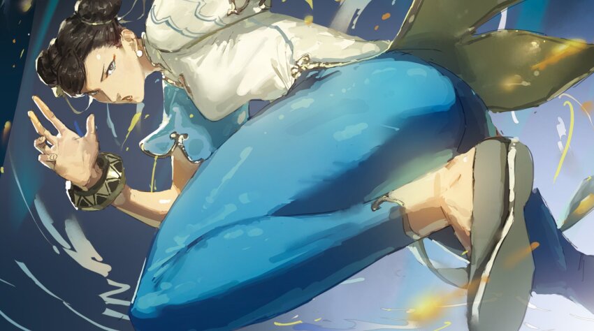 1girl, black_eyes, black_hair, blue_pants, bracelet, capcom, china_dress, chinese_clothes