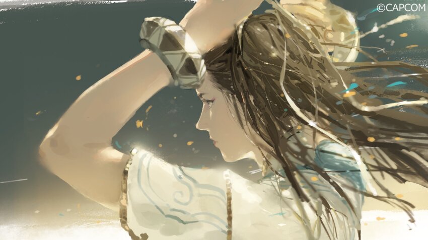 1girl, adjusting_hair, arms_up, bracelet, capcom, chun-li, commentary, concept_art