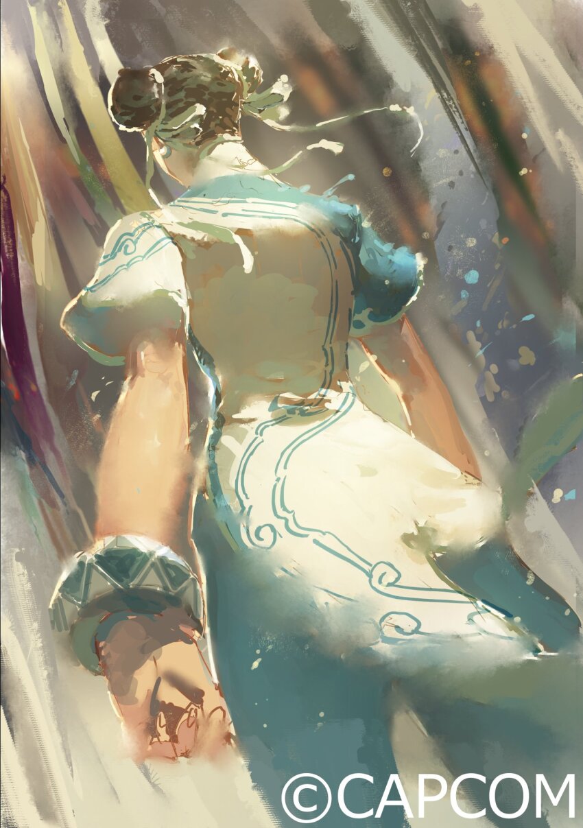 1girl, black_hair, blue_pants, bracelet, capcom, china_dress, chinese_clothes, chun-li, cleavage_cutout, clothing_cutout, commentary, concept_art, double_bun, dress, from_behind, fukumori_(capcom), full_body, hair_bun, highres, jewelry, official_art, pants, solo, street_fighter, street_fighter_6, walking, white_dress