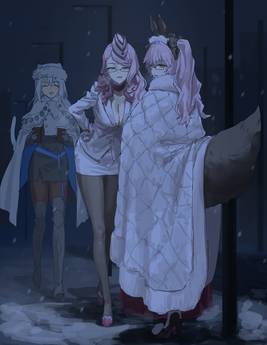 3girls, absurdres, black_pantyhose, breasts, cat_tail, cleavage, closed_eyes, coat