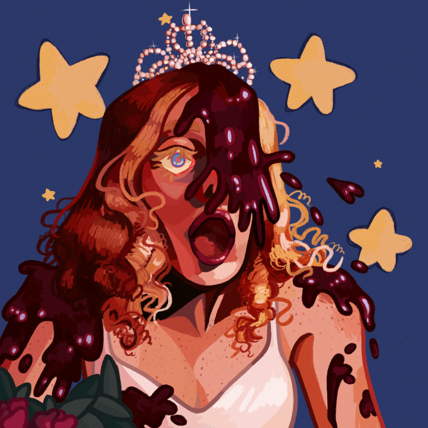 1girl, blonde_hair, blood, blood_on_body, blood_on_clothes, blood_on_face, blue_background, blue_eyes, body_freckles, bouquet, carrie_(stephen_king), carrietta_white, colored_eyelashes, commentary, curly_hair, dress, english_commentary, eyelashes, flower, freckles, highres, holding, holding_bouquet, jewelry, lipstick, long_hair, makeup, open_mouth, portrait, quezify, red_flower, red_lips, red_rose, rose, screaming, shoulder_freckles, simple_background, sleeveless, sleeveless_dress, solo, sparkle, star_(symbol), tiara, white_dress