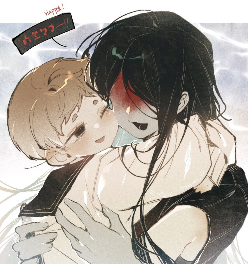 1boy, 1girl, adashino_adami, black_hair, black_kimono, blood, blood_on_face, brown_eyes