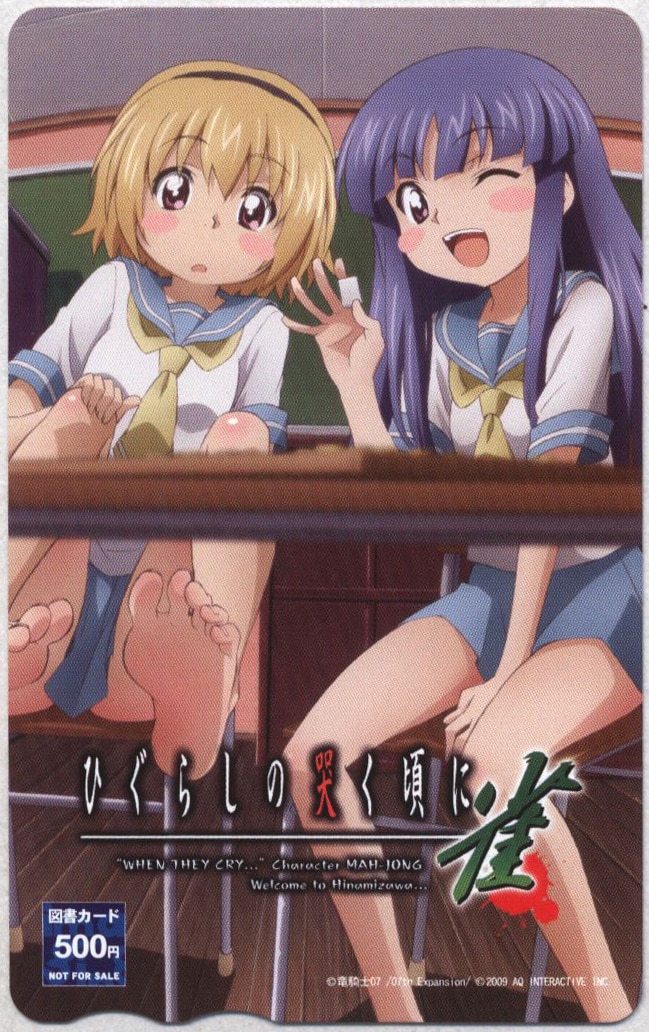 07th_expansion, 2009, 2girls, aq_interactive, artist_request, blonde_hair, blush, english_text, foot_focus, furude_rika, higurashi_no_naku_koro_ni, hinamizawa, holding, houjou_satoko, knee_blush, long_hair, mahjong, mahjong_tile, multiple_girls, one_eye_closed, purple_hair, short_hair, soles, telecard, wink, year
