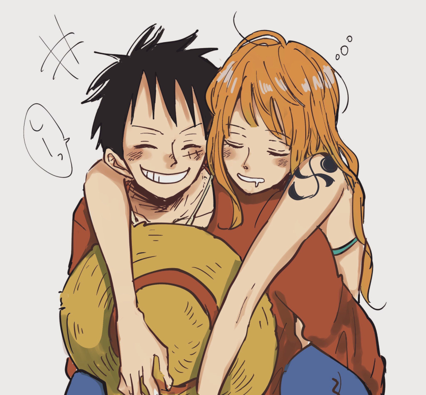 +++, 1boy, 1girl, aji_of_aji55, arm_around_neck, bare_shoulders, black_hair, blue_pants