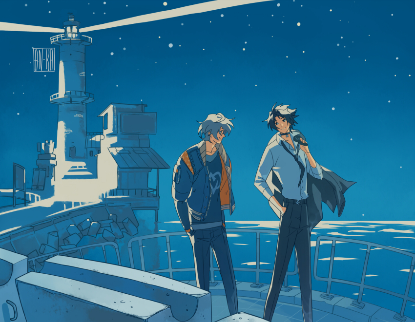 artist_name, asaba_harumasa, belt, black_hair, black_necktie, black_pants, black_shirt, blue_jacket