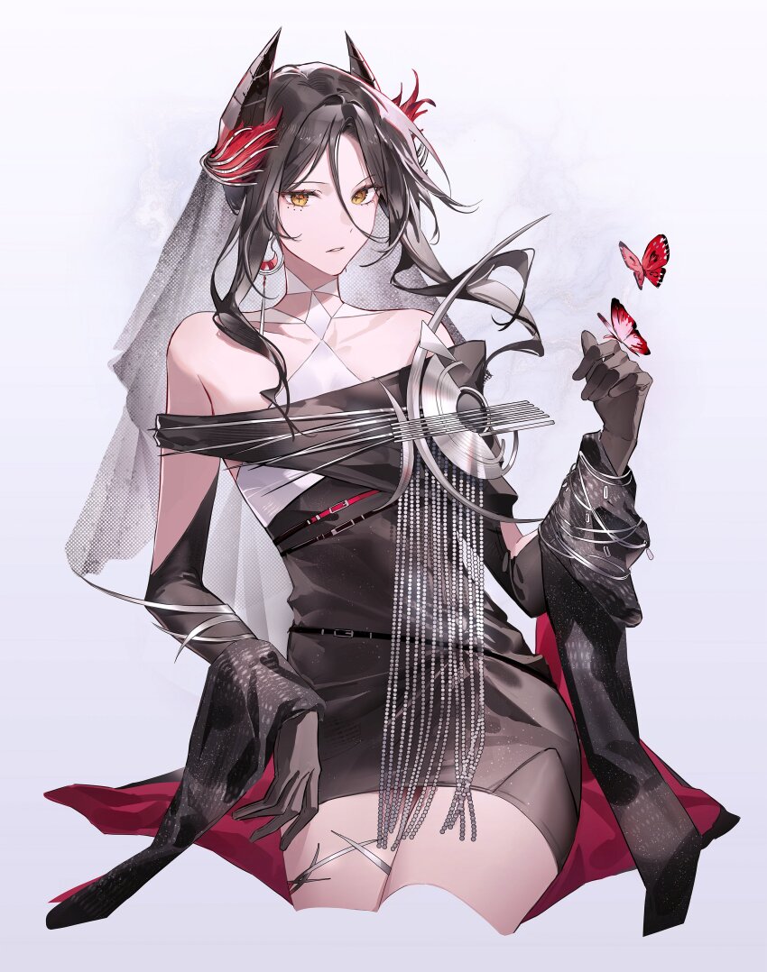 1girl, absurdres, arknights, bare_shoulders, black_dress, black_gloves, black_hair, black_shawl