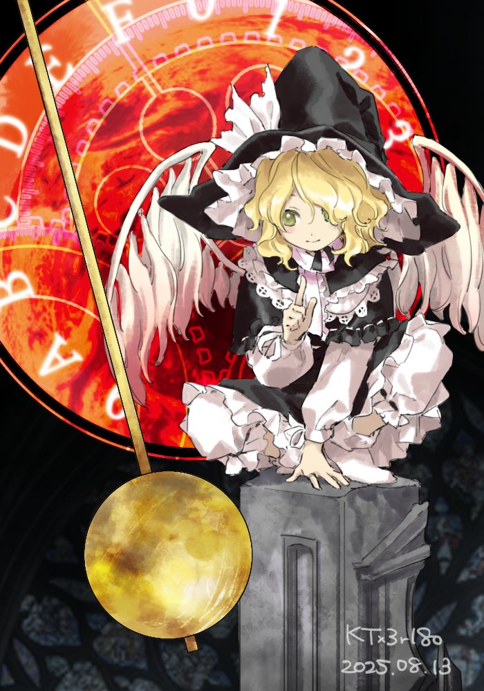 1girl, angel_wings, black_dress, black_hat, blonde_hair, bow, clock_pendant, dated, dress, frills, hat, hat_ribbon, kaigen_1025, kirisame_marisa, kirisame_marisa_(seihou), long_sleeves, ribbon, seihou, short_hair, shuusou_gyoku, smile, solo, touhou, white_ribbon, wings, witch_hat, yellow_eyes