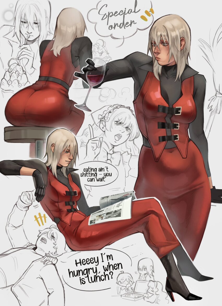 1boy, 2girls, 50gryvnia, ass, bar_stool, black_gloves, black_shirt, blonde_hair